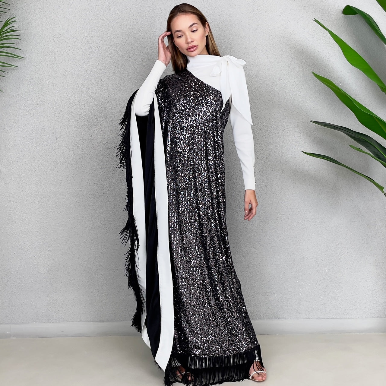 RAM23 ONE SHOULDER BLACK SEQUINS DRESS