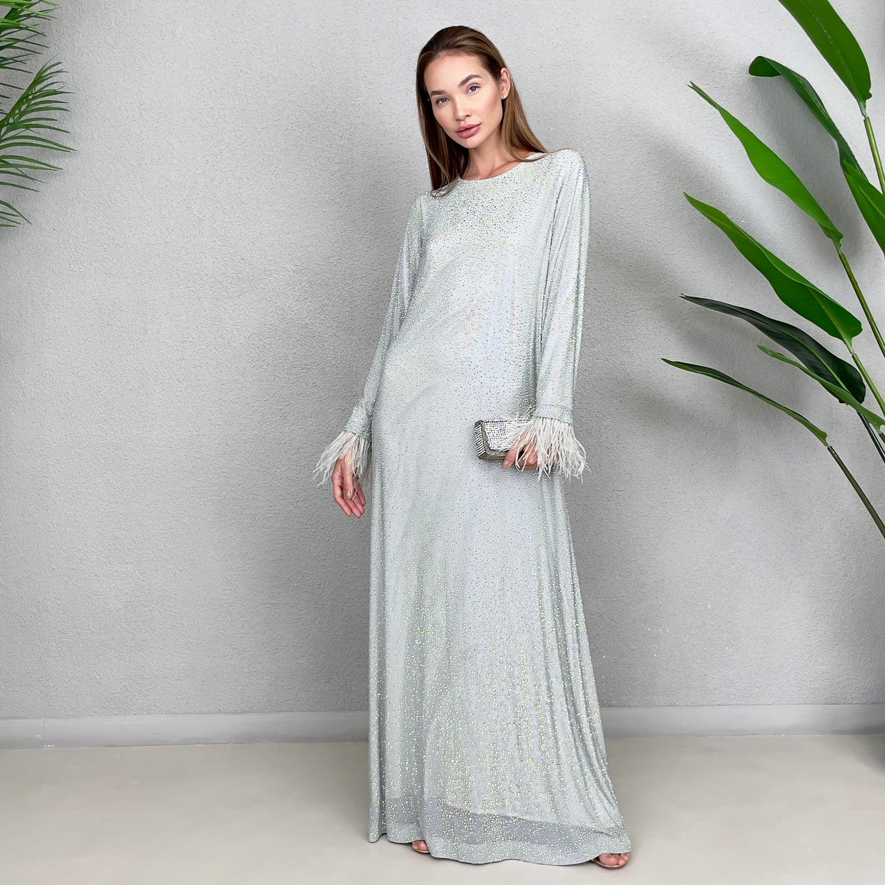 RAM23 LAMIS SAGE CRYSTAL TULLE MESH MAXI DRESS