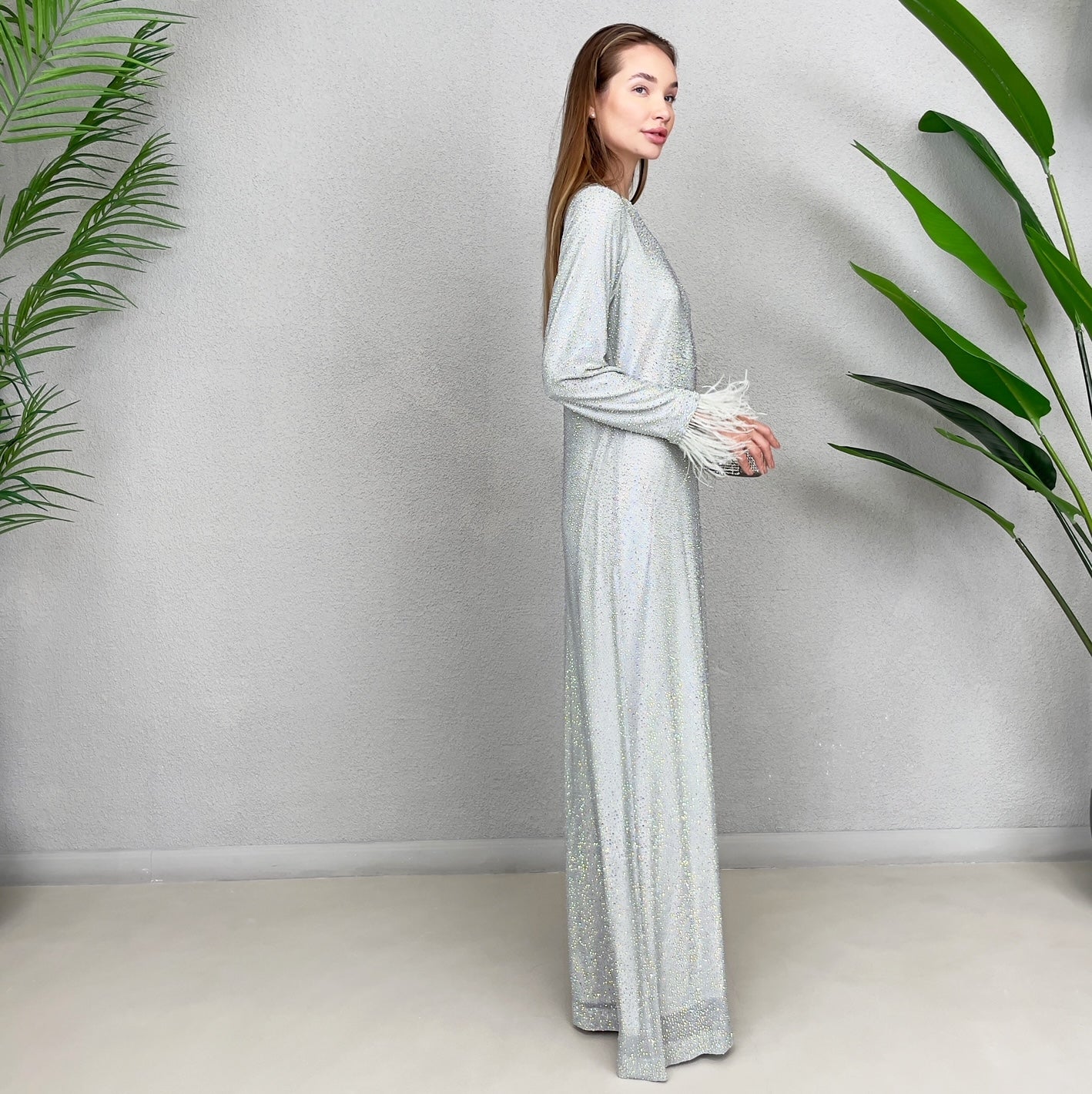 RAM23 LAMIS SAGE CRYSTAL TULLE MESH MAXI DRESS