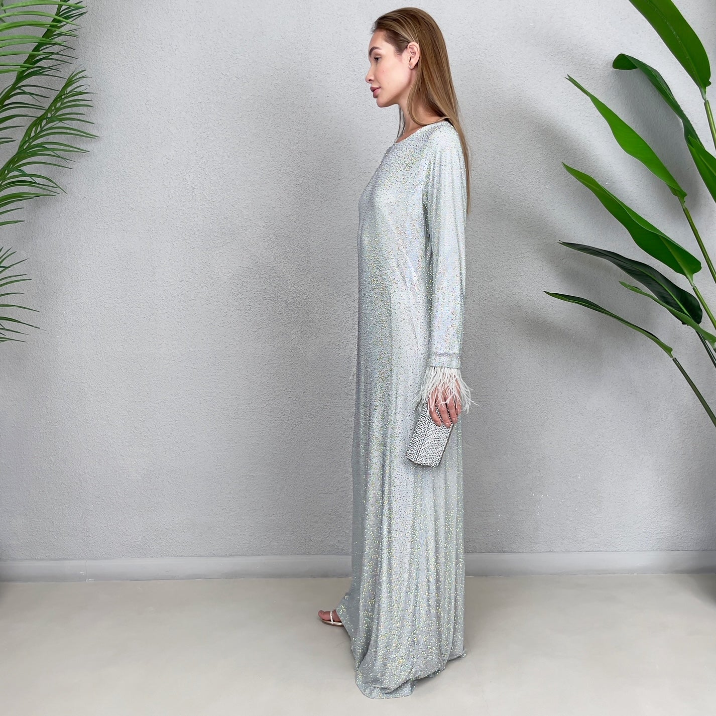 RAM23 LAMIS SAGE CRYSTAL TULLE MESH MAXI DRESS