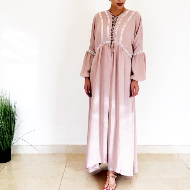 AW18 BLUSH PINK BOHO LACE-UP ABAYA