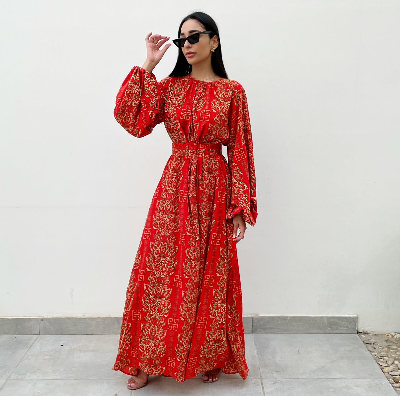 RAM21 LINA RED PRINTED BELTED MAXI DRESS