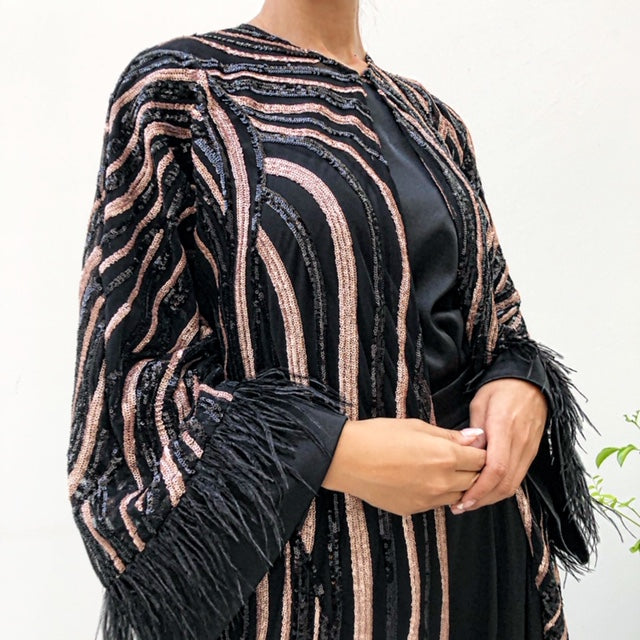 AW19 MARIAM TULLE WITH SEQUINS IN ROSE GOLD & BLACK EVENING ABAYA