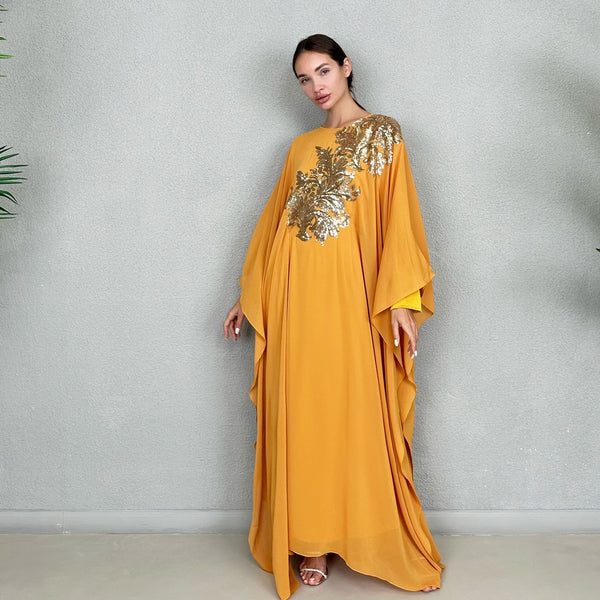 RAM23 RAMA MUSTARD GOLD SEQUINS CHIFFON KAFTAN