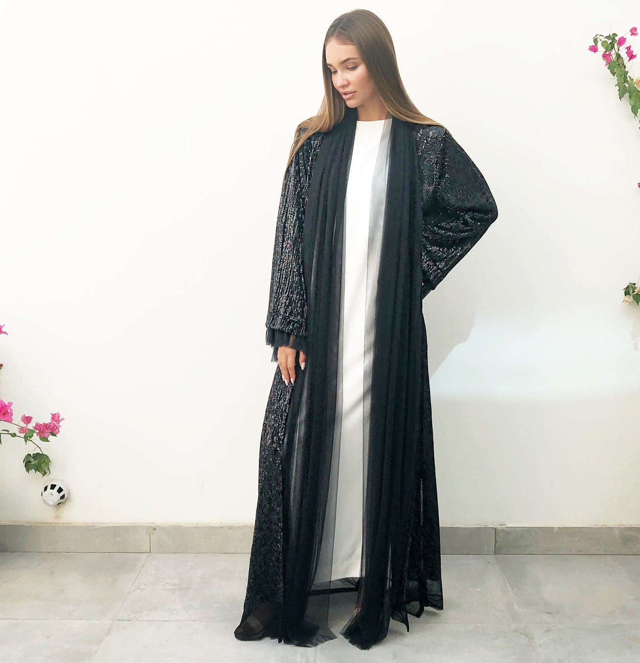 AW18 BLACK SEQUINS EVENING ABAYA WITH TULLE DETAILING