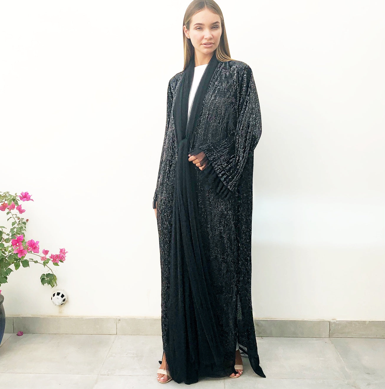 AW18 BLACK SEQUINS EVENING ABAYA WITH TULLE DETAILING