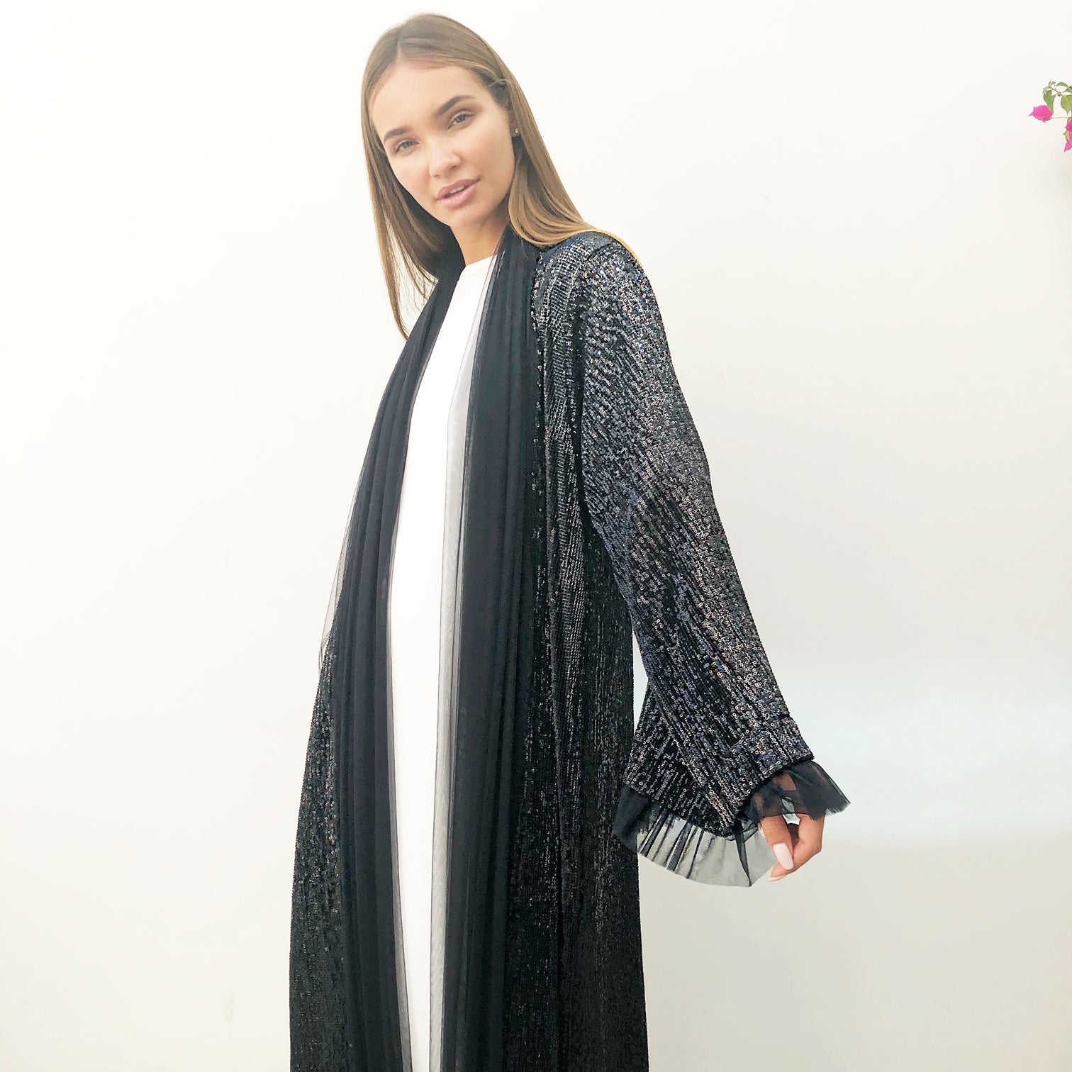 AW18 BLACK SEQUINS EVENING ABAYA WITH TULLE DETAILING