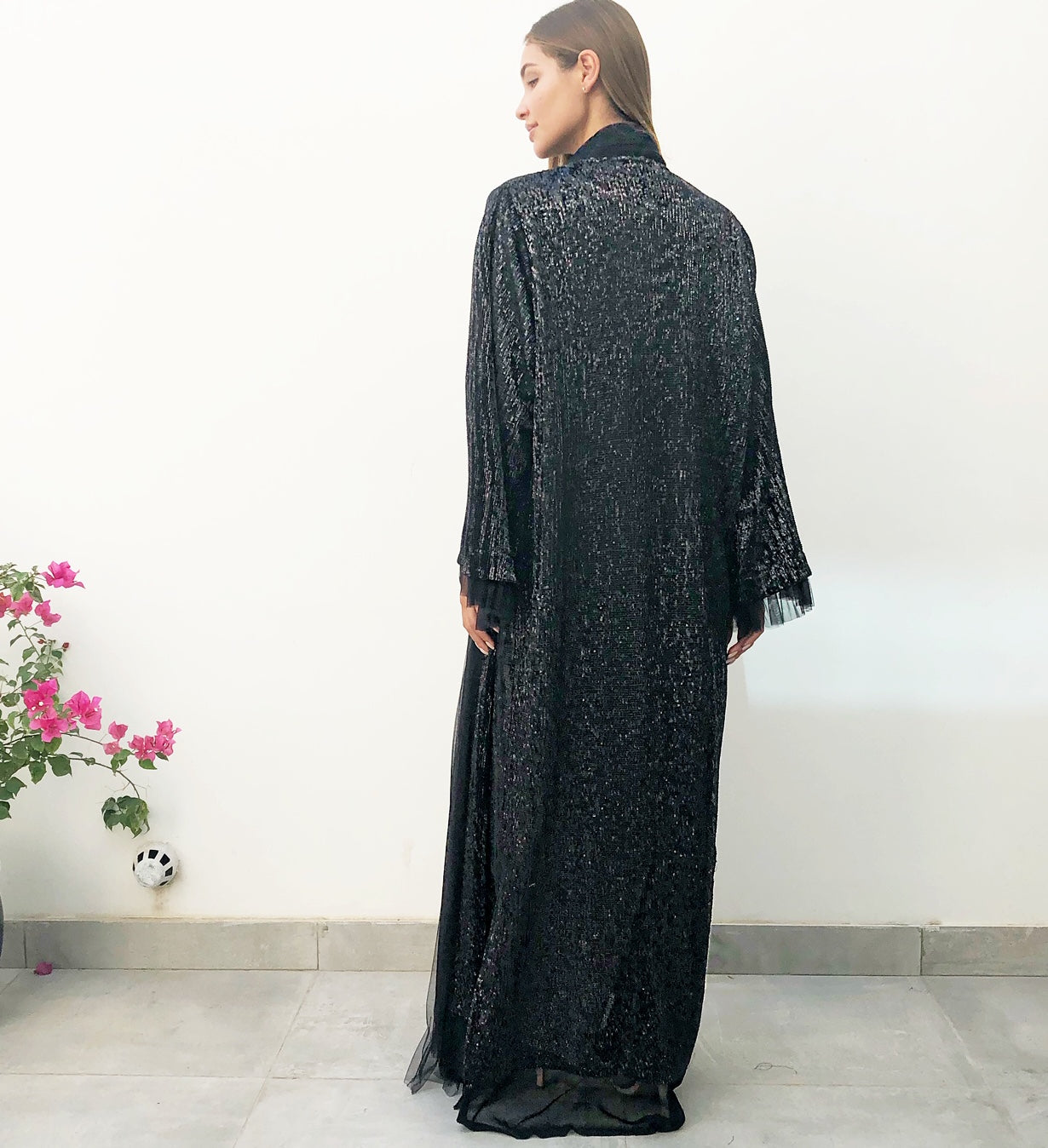 AW18 BLACK SEQUINS EVENING ABAYA WITH TULLE DETAILING