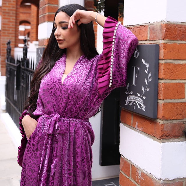 RAMADAN 18 RASPBERRY SILK VELVETEEN  LINED KIMONO WITH CRYSTALS