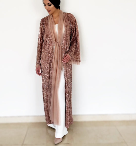 AW18 COPPER SEQUINS EVENING ABAYA WITH TULLE DETAILING