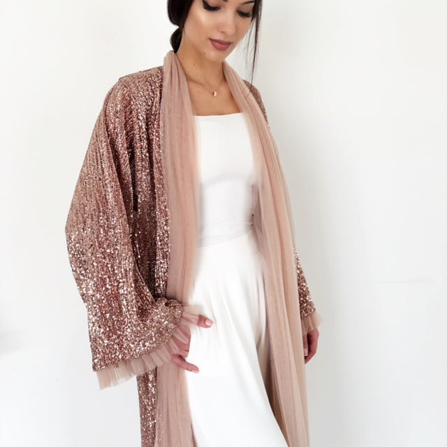 AW18 COPPER SEQUINS EVENING ABAYA WITH TULLE DETAILING