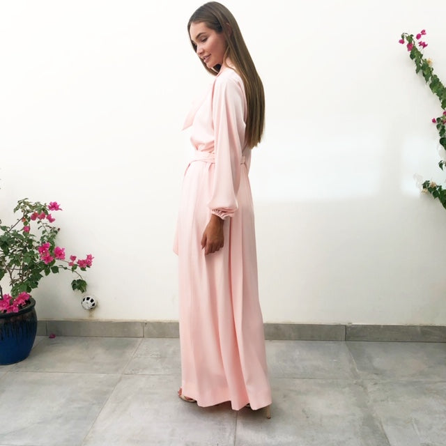 AW18 PINK SILK SATIN BOW DRESS WITH GATHERED FULL LENGTH SLEEVES