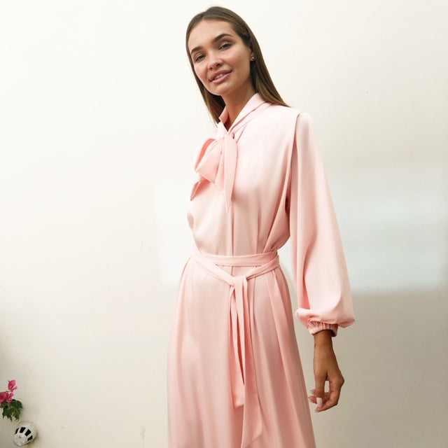 AW18 PINK SILK SATIN BOW DRESS WITH GATHERED FULL LENGTH SLEEVES