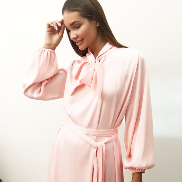 AW18 PINK SILK SATIN BOW DRESS WITH GATHERED FULL LENGTH SLEEVES
