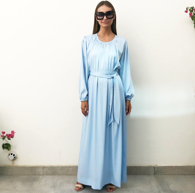 AW18 BABY BLUE  SILK SATIN DRESS WITH GATHERED SLEEVES