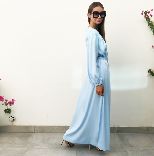 AW18 BABY BLUE  SILK SATIN DRESS WITH GATHERED SLEEVES