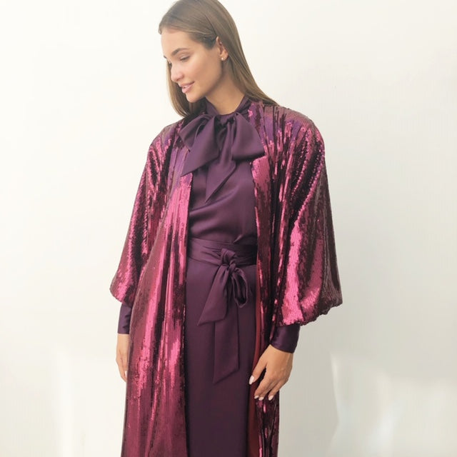 AW18 AUBERGINE SILK SATIN BOW DRESS WITH GATHERED FULL LENGTH SLEEVES