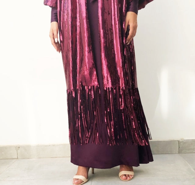 AW18 MAROON SEQUINS KIMONO WITH SEQUINS TASSLES