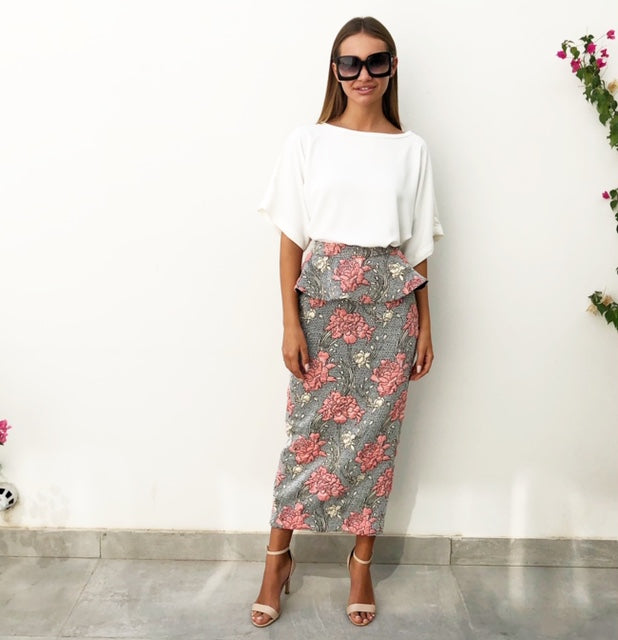 BROCADE PINK & GOLD PEPLUM PENCIL SKIRT