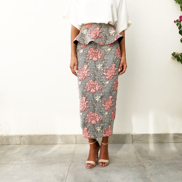 BROCADE PINK & GOLD PEPLUM PENCIL SKIRT