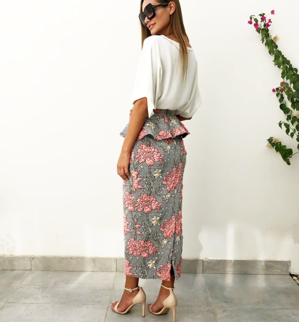 BROCADE PINK & GOLD PEPLUM PENCIL SKIRT