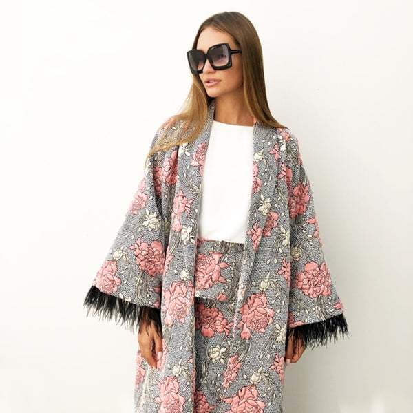 AW18 BROCADE ABAYA DUSTER WITH OSTRICH FEATHERS
