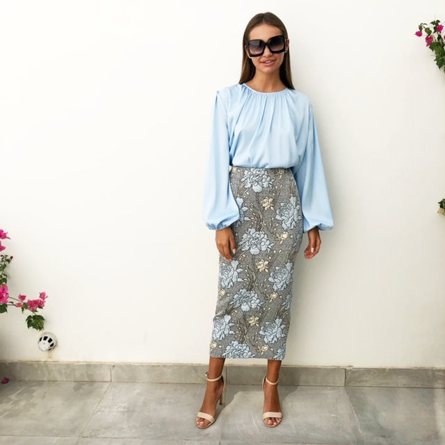 AW18 BROCADE BABY BLUE & GOLD PENCIL SKIRT