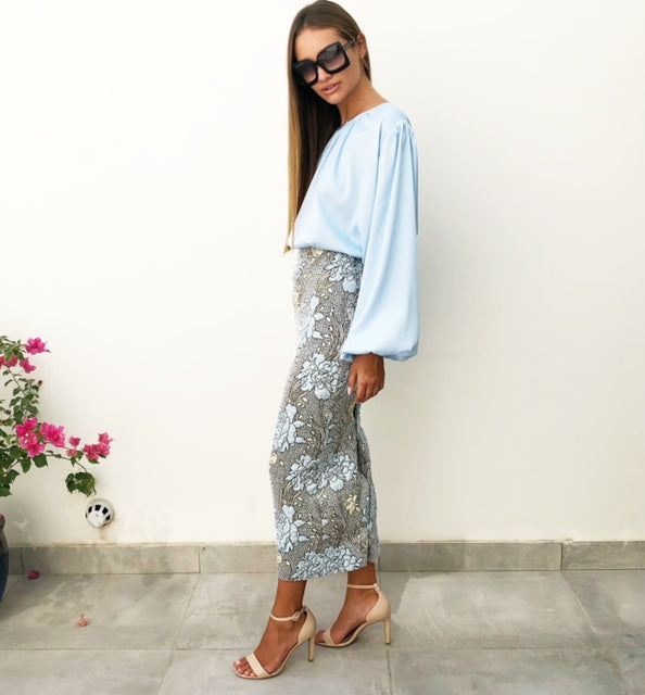 AW18 BROCADE BABY BLUE & GOLD PENCIL SKIRT