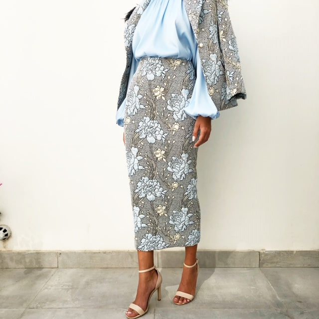 AW18 BROCADE BABY BLUE & GOLD PENCIL SKIRT