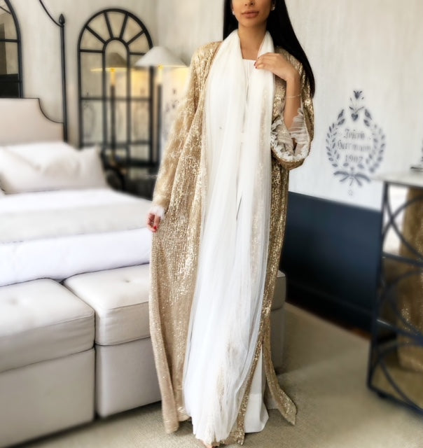 RAMADAN 18 GOLD SEQUINS TULLE ABAYA WITH TULLE DETAILING