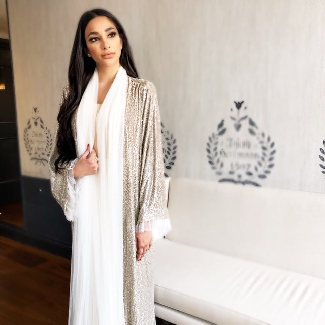 RAMADAN 18 MIXED METALIC SEQUINS ABAYA WITH TULLE DETAILING