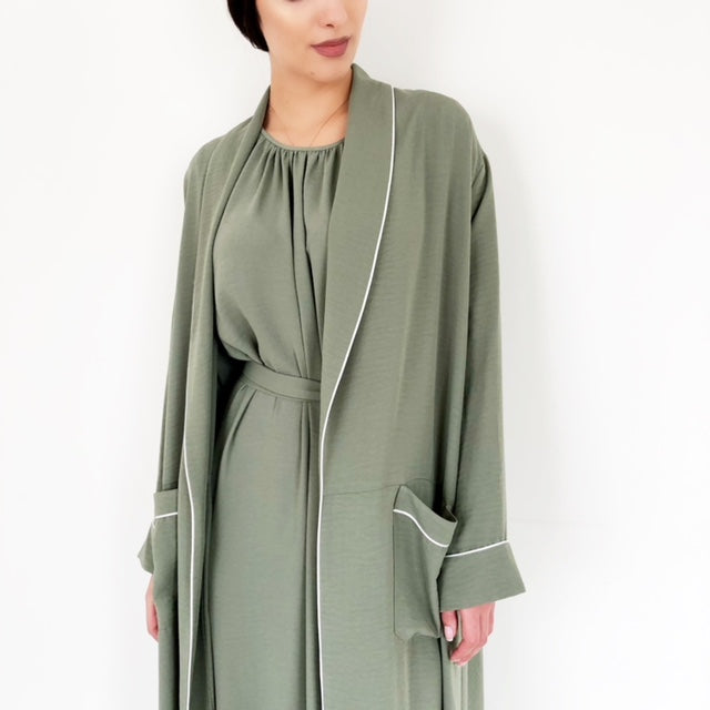 AW18 MOSS GREEN ROBE ABAYA WITH CONTRAST PIPING