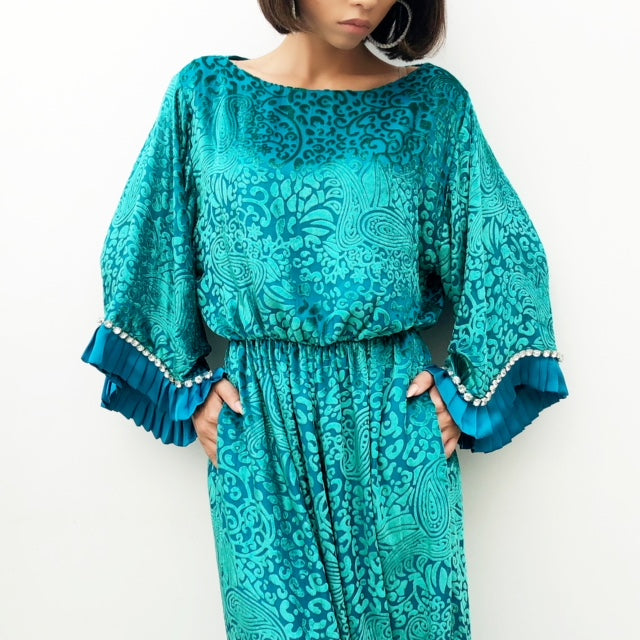 BOHO SEA GREEN VELVETEEN LINED BOHO JUMPSUIT