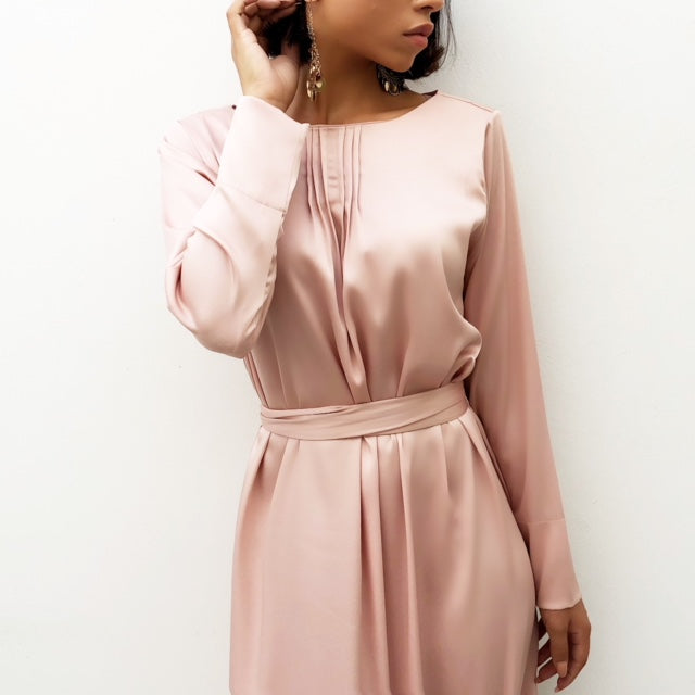 LONG SLEEVE TUNIC DRESS IN MATT SATIN WITH PIN TUCKS