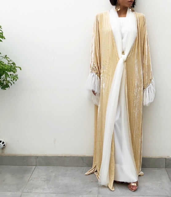 RAMADAN18 VANILLA SILK VELVET LUXURY ABAYA WITH HAND EMBROIDERED INITIALS