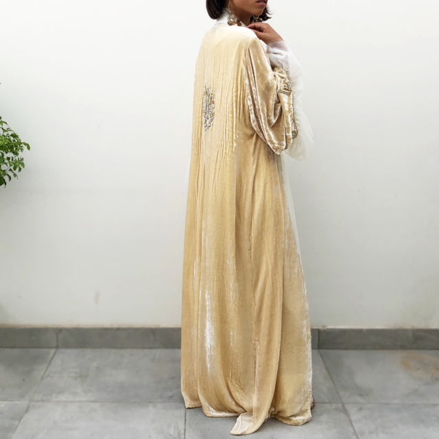 RAMADAN18 VANILLA SILK VELVET LUXURY ABAYA WITH HAND EMBROIDERED INITIALS