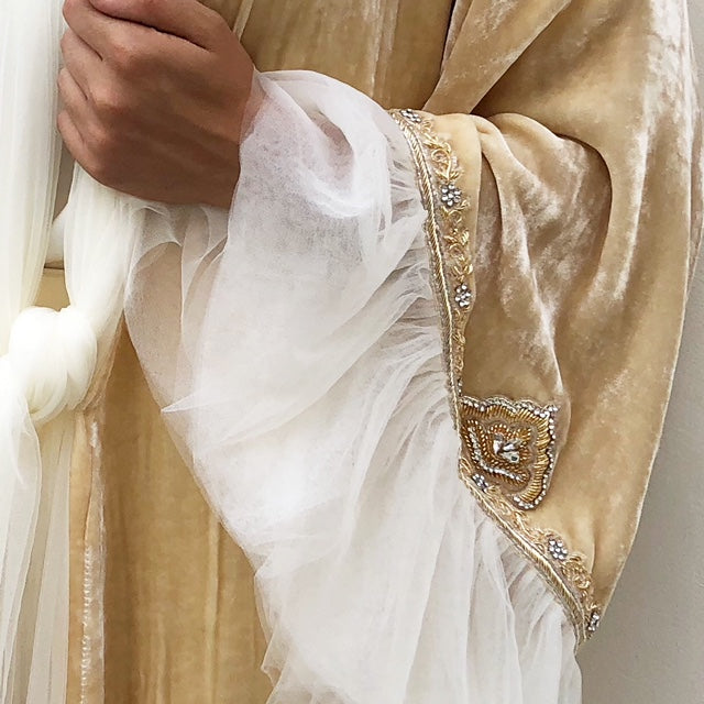 RAMADAN18 VANILLA SILK VELVET LUXURY ABAYA WITH HAND EMBROIDERED INITIALS