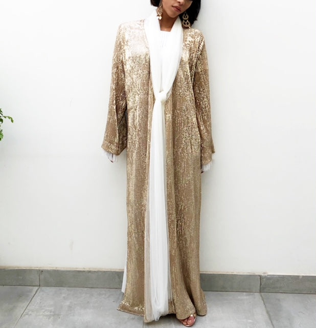 RAMADAN 18 GOLD SEQUINS TULLE ABAYA WITH TULLE DETAILING