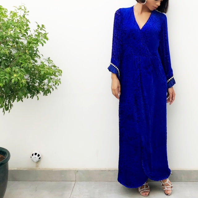 COBOLT BLUE BOHO WRAP DRESS IN SILK VELVETEEN