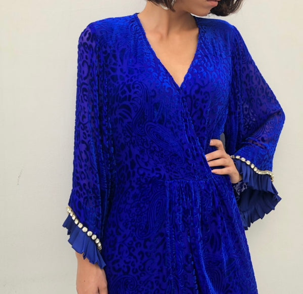 COBOLT BLUE BOHO WRAP DRESS IN SILK VELVETEEN