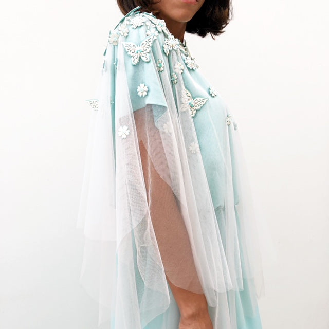 RAMADAN18 TURQUOISE CREPE DRESS WITH TULLE CAPE AND FLORALEMBELISHMENT