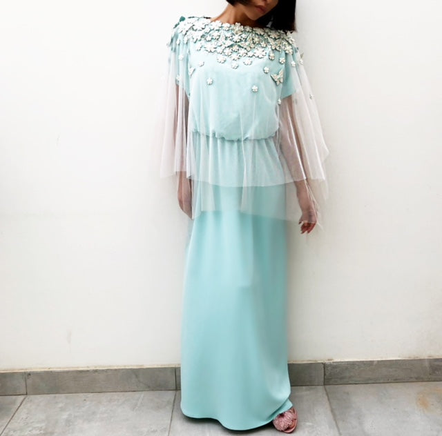 RAMADAN18 TURQUOISE CREPE DRESS WITH TULLE CAPE AND FLORALEMBELISHMENT