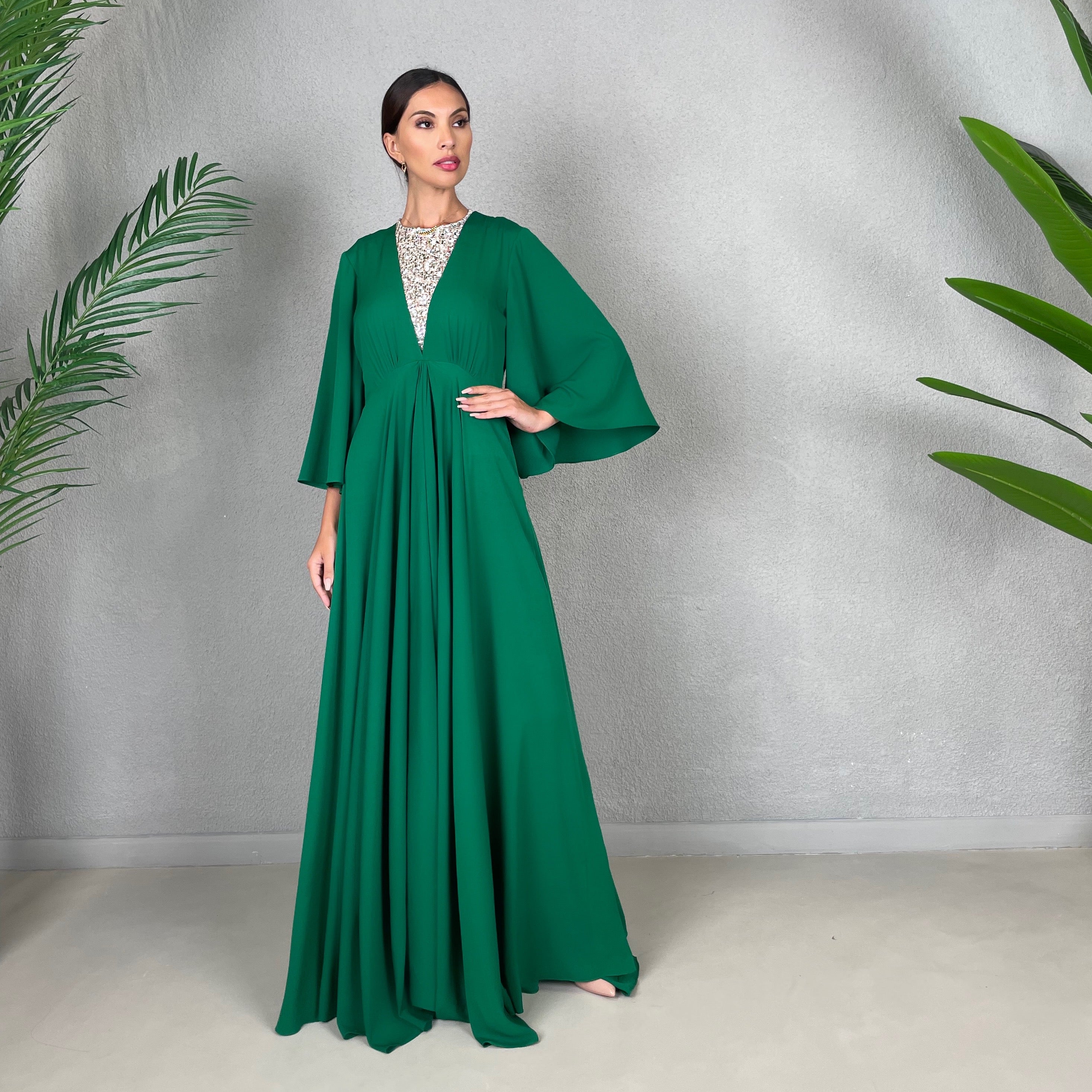 EMMA EMERALD GREEN MATT SATIN EMPIRE LINE DRESS