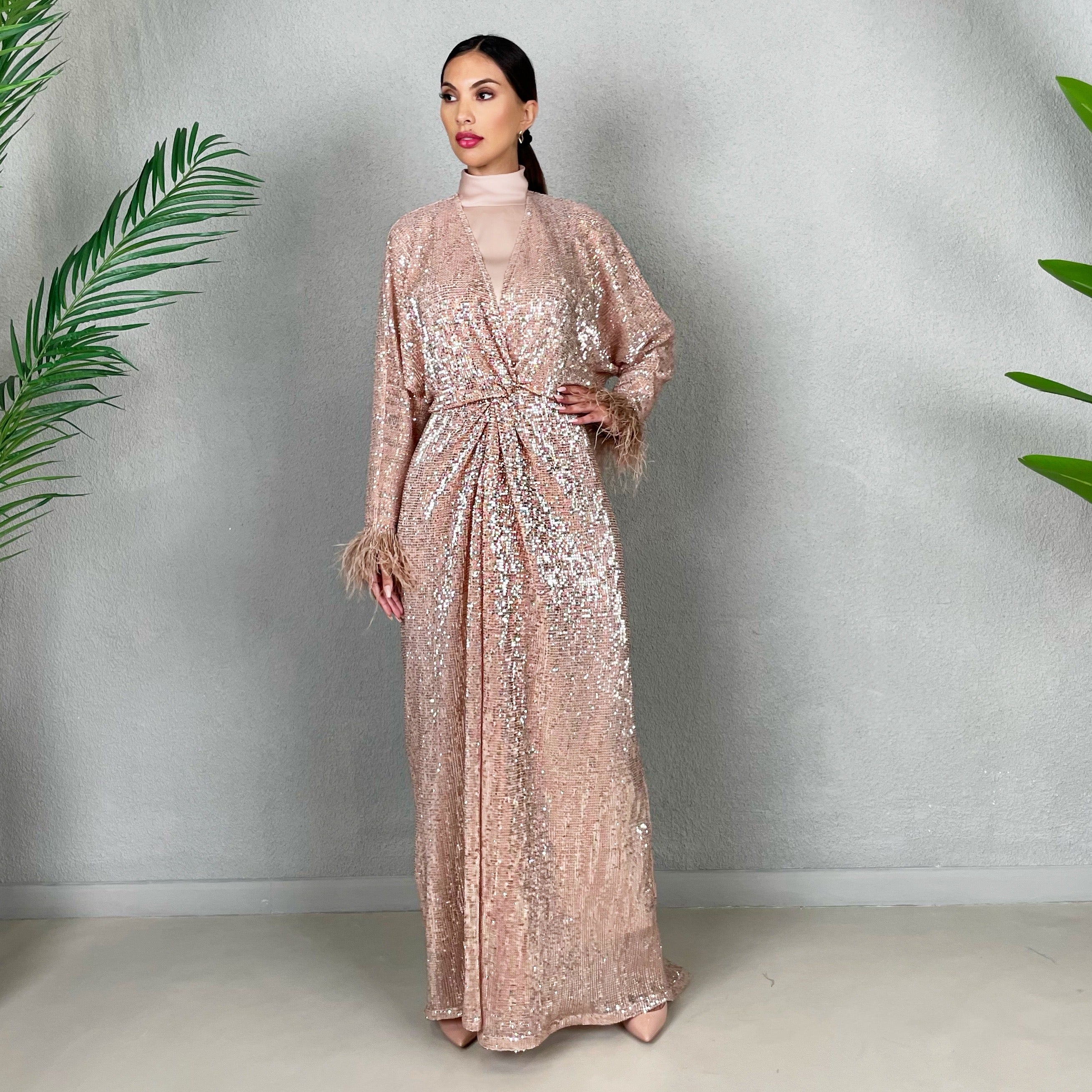 RAM22 ROSE GOLD SEQUINS KNOT FRONT DRESS