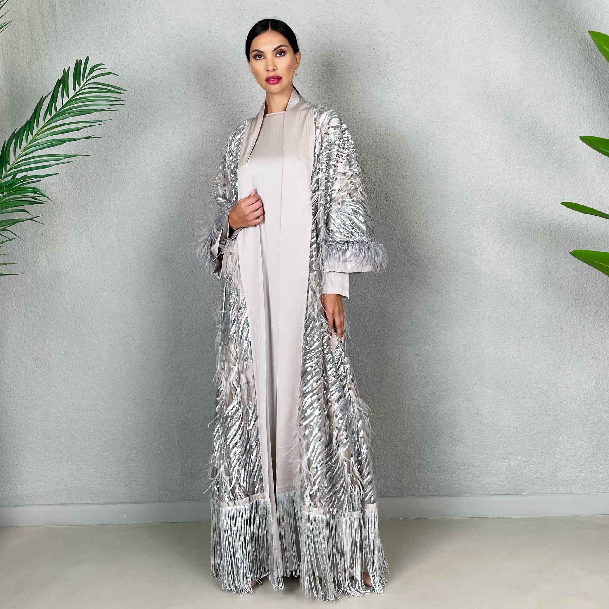RAM22 MARIAM GREY TULLE WITH SEQUINS & OSTRICH FEATHERS ABAYA & DRESS