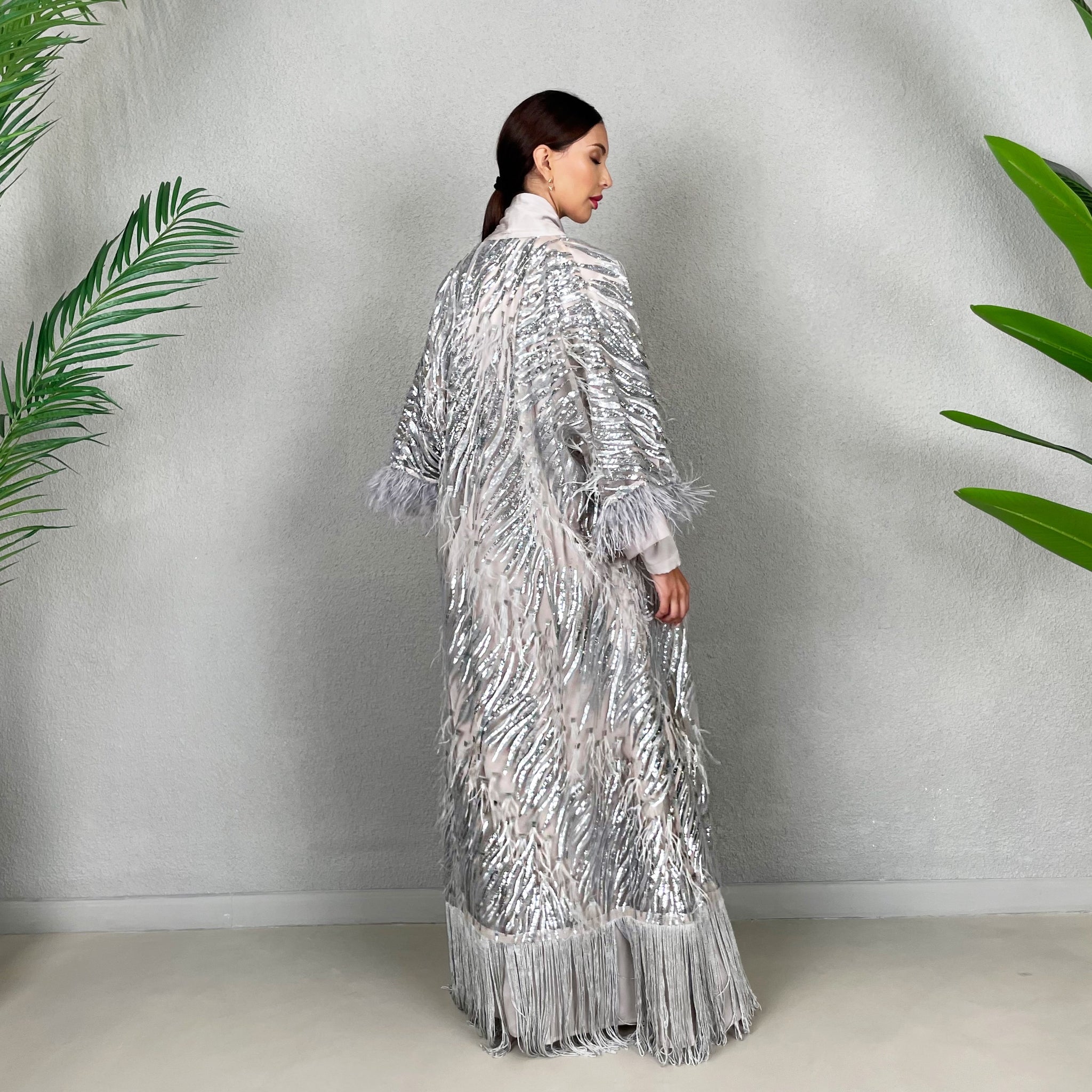 RAM22 MARIAM GREY TULLE WITH SEQUINS & OSTRICH FEATHERS ABAYA & DRESS