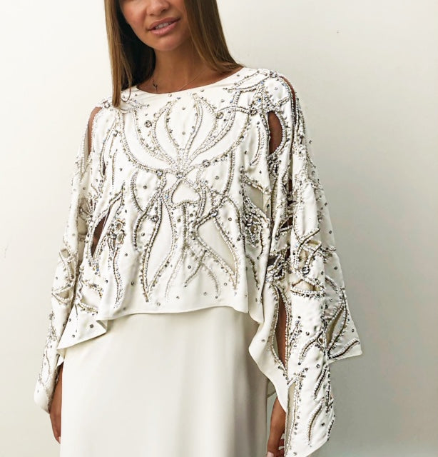 AW18 "MALIKA" OFF-WHITE EVENING CAFTAN DRESS WITH CUTWORK & SEQUINS