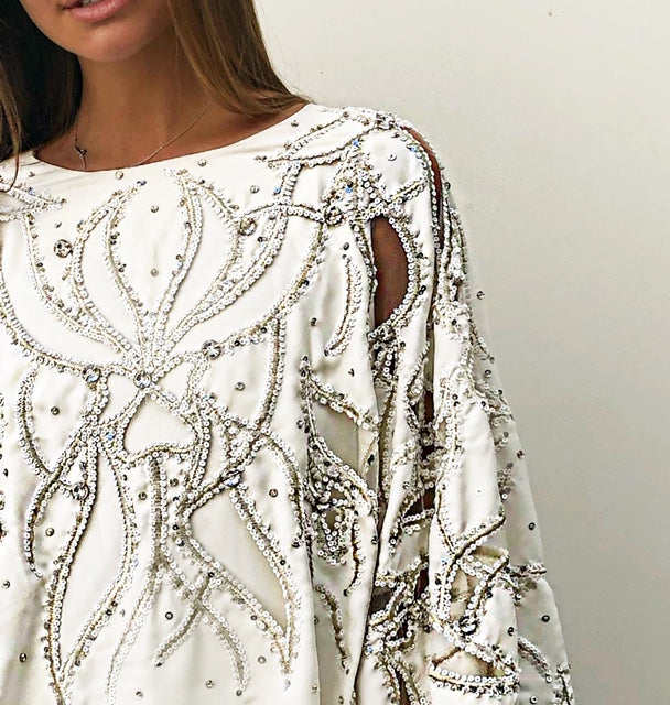 AW18 "MALIKA" OFF-WHITE EVENING CAFTAN DRESS WITH CUTWORK & SEQUINS