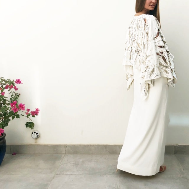 AW18 "MALIKA" OFF-WHITE EVENING CAFTAN DRESS WITH CUTWORK & SEQUINS