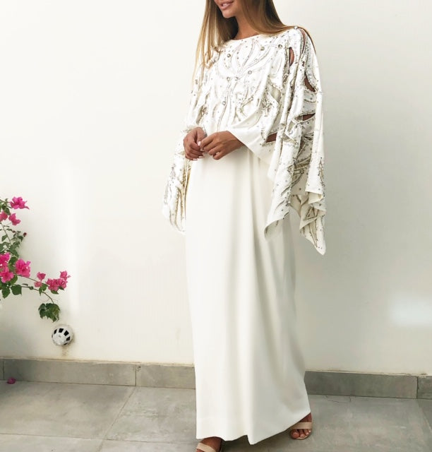 AW18 "MALIKA" OFF-WHITE EVENING CAFTAN DRESS WITH CUTWORK & SEQUINS